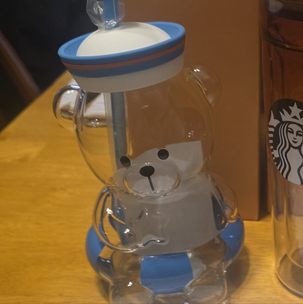 New China Starbucks Summer Seaside Series 27oz Swimming Bear Glass Sraw Cup - Picture 2 of 9